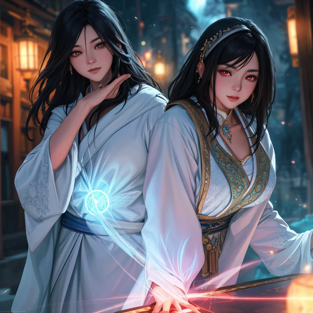 A divine Asian spirit, Malaysian woman, age 25, ankle length hair, white billowing silken robes with platinum trim, glowing eyes, and a holy aura, floats above a magic circle in a medieval European village. (best quality, 4k, highres, masterpiece:1.2), ultra-detailed, (realistic, photorealistic, photo-realistic:1.37), HDR, UHD, studio lighting, ultra-fine painting, sharp focus, physically-based rendering, extreme detail description, professional, vivid colors, bokeh, portraits, landscape, horror, anime, sci-fi, photography, concept artists, vibrant colors, soft lighting.
