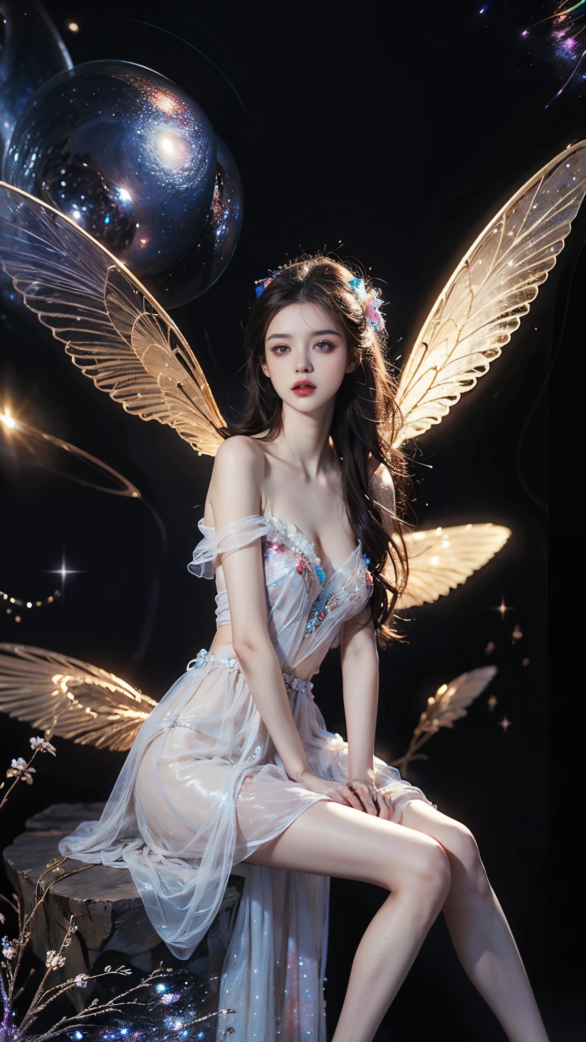 Bare shoulders, short hemlines, 4k ultra hd, masterpiece, a girl, good face, detailed eyes, detailed lips, flower fairy girl, big wings, transparent wings, neon lights, (galaxy background:1.5),  in the heaven, sitting on the unicon,