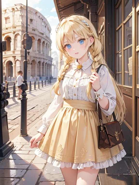 masterpiece, highest quality, Very detailed, 16k, Ultra-high resolution, Gothic art, Cowboy Shot, (One -yeld gi Detailed face, Perfect Fingers, Golden Eyes, Blonde, Braid, Tunica, DEGAS, Woven shoes), Ancient Rome, temple, Colosseum, In town, Cobblestones