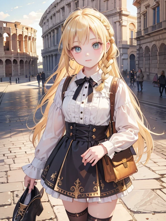 masterpiece, highest quality, Very detailed, 16k, Ultra-high resolution, Gothic art, Cowboy Shot, (One 12-year-old girl, Detailed face, Perfect Fingers, Golden Eyes, Blonde, Braid, Tunica, DEGAS, Woven shoes), Ancient Rome, temple, Colosseum, In town, Cobblestones