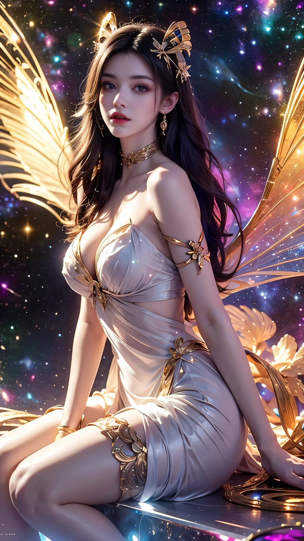 Bare shoulders, short hemlines, 4k ultra hd, masterpiece, a girl, good face, detailed eyes, detailed lips, flower fairy girl, big wings, transparent wings, neon lights, (galaxy background:1.5),  in the heaven, sitting on the unicon,