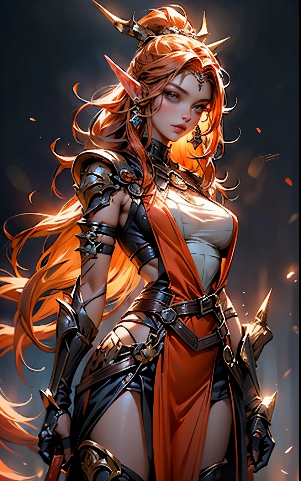 brooke monk with orange hair standing in front of a wall, orange braided hair, long fiery hair, beautiful digital artwork, realistic artstyle, artwork in the style of guweiz, orange hair, orange and black tones, orange glowing hair, beautiful digital illustration, ginger, a woman in a red dress with horns and a white top, cushart krenz key art feminine, elf girl, extremely detailed artgerm, style artgerm, fantasy art style, an elf queen, alluring elf princess knight, fanart best artstation, a very beautiful berserker woman, anime fantasy illustration, annie from league of legends,flowing glowing hair