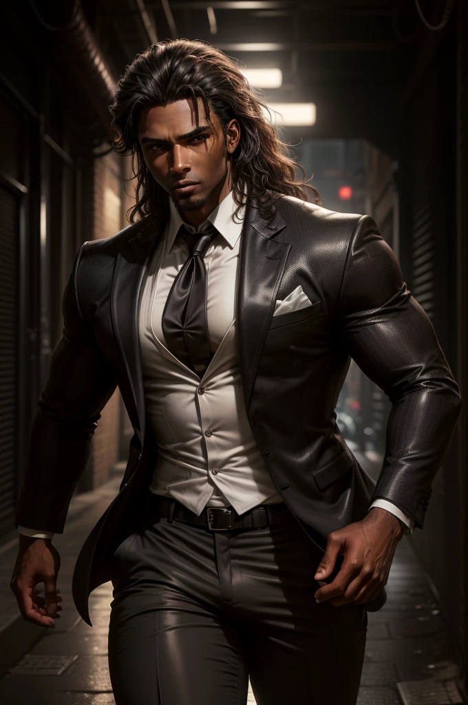 male, Muscular, Brown Skin, long brown curly hair, Dark suit pants, Black blazer and white shirt, Urban Background, night, In a dark alley, Realistic, 8k, Unreal Engine, Very detailed, Octane Rendering,