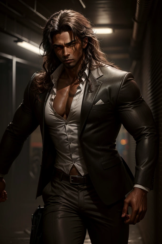 male, Muscular, Brown Skin, long brown curly hair, Dark suit pants, Black blazer and white shirt, Urban Background, night, In a dark alley, Realistic, 8k, Unreal Engine, Very detailed, Octane Rendering,