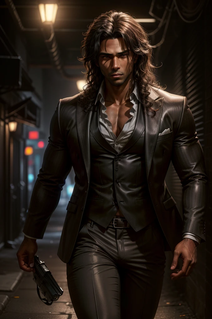 male, Muscular, Brown Skin, long brown curly hair, Dark suit pants, Black blazer and white shirt, Urban Background, night, In a dark alley, Realistic, 8k, Unreal Engine, Very detailed, Octane Rendering,