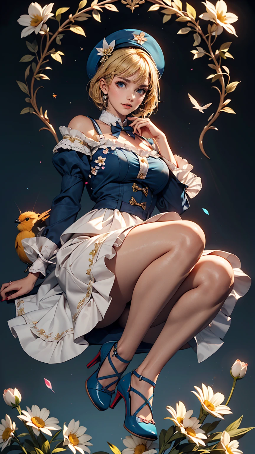 1girl, Princess zelda, soft light, delicate, happy, thighhighs, petticoat, frilly, (exposed breasts, small breasts), spread legs, excited, vagina, short hair, soft, gentle, frills, eyeshadow, looking at viewer, filigree, leaning forward, blue, high heels 