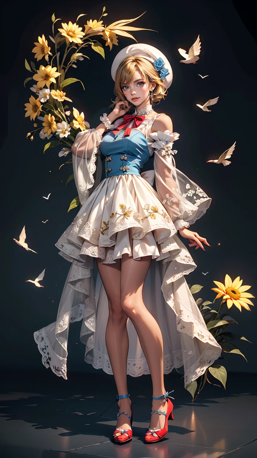 uekura, One girl, Blonde Hair, Have, dress, Blue footwear, wing, Simple Background, sign, flower, Manicure, Wide sleeves, Long sleeve, blush, animal, white flower, alone, whole body, bird, View Viewer, High heels, Put your hand on your cheek, put your hand on your face, Frills, bow, bangs, ribbon, Bell, Blue hat, +_+, shoes下, short hair, Grey Eyes, shoes, Blue Claws, feathered wing, blue bow