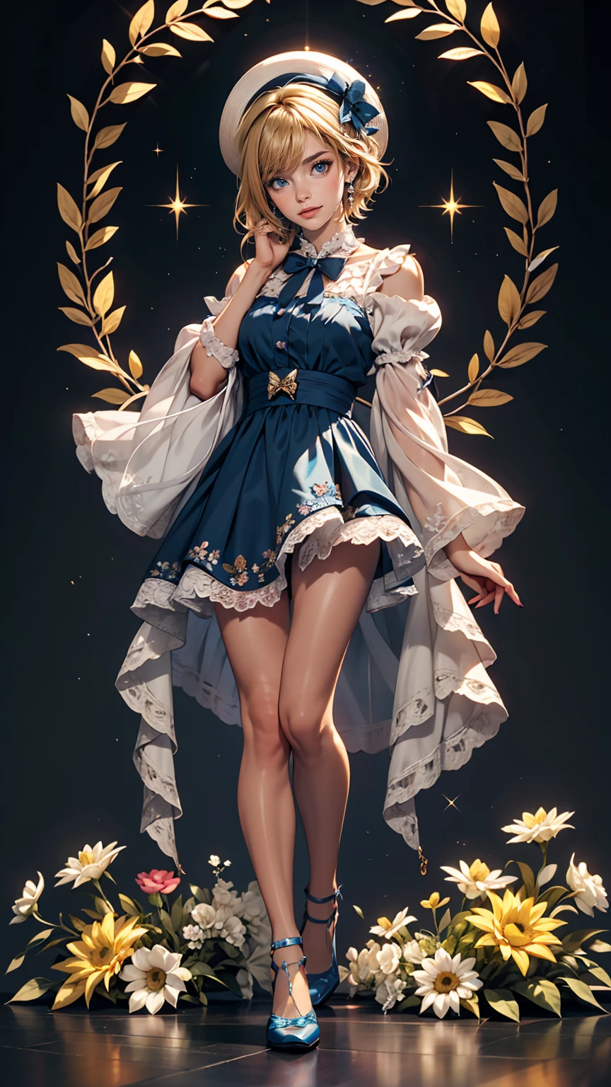 uekura, One girl, Blonde Hair, Have, dress, Blue footwear, wing, Simple Background, sign, flower, Manicure, Wide sleeves, Long sleeve, blush, animal, white flower, alone, whole body, bird, View Viewer, High heels, Put your hand on your cheek, put your hand on your face, Frills, bow, bangs, ribbon, Bell, Blue hat, +_+, shoes下, short hair, Grey Eyes, shoes, Blue Claws, feathered wing, blue bow
