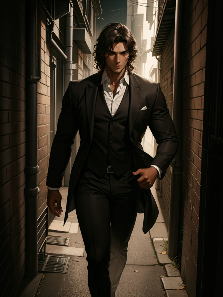 male, Muscular, Brown Skin, long brown curly hair, Dark suit pants, Black blazer and white shirt, Urban Background, night, In a dark alley, Realistic, 8k, Unreal Engine, Very detailed, Octane Rendering,