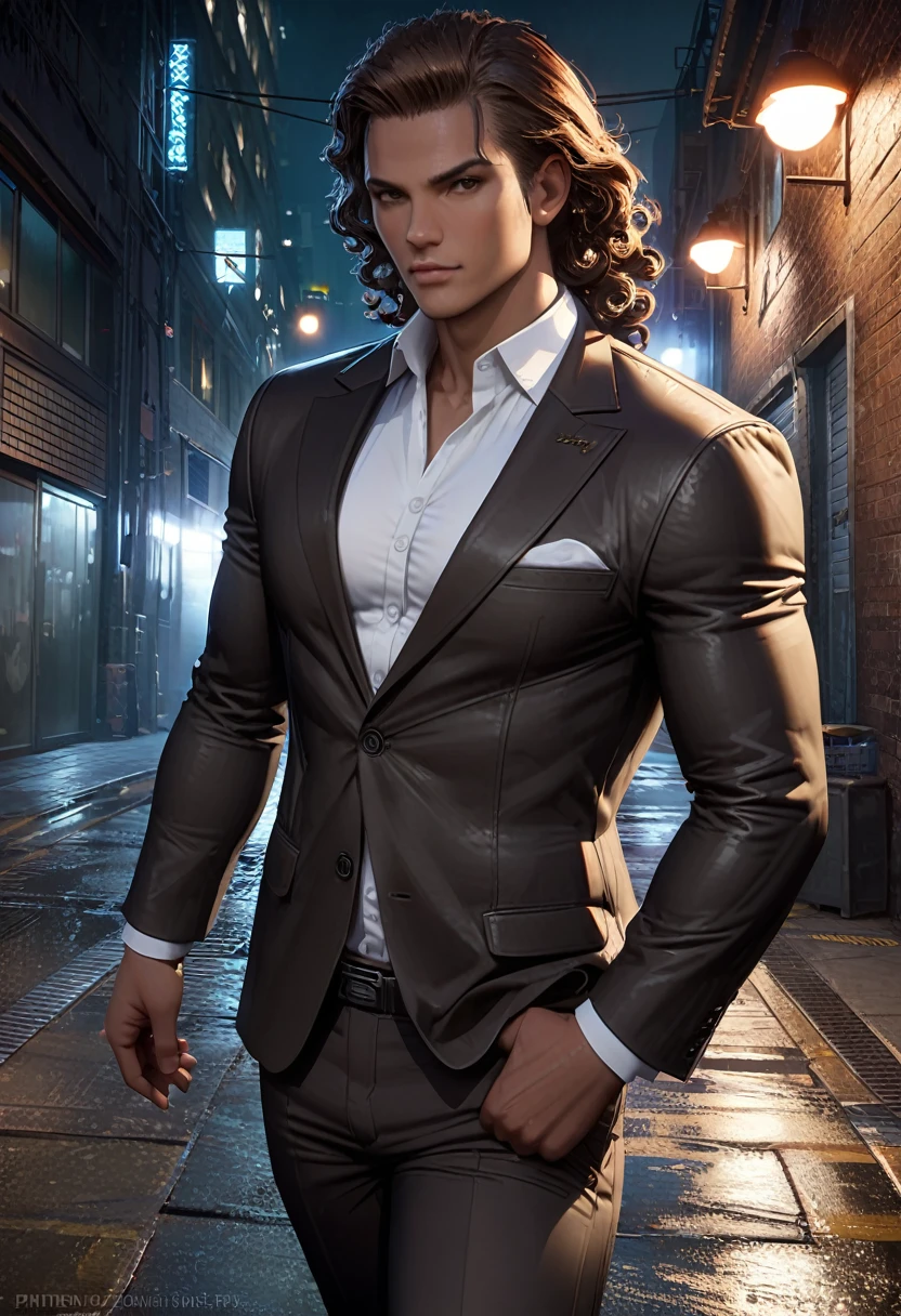 male, Muscular, Brown Skin, long brown curly hair, Dark suit pants, Black blazer and white shirt, Urban Background, night, In a dark alley, Realistic, 8k, Unreal Engine, Very detailed, Octane Rendering,