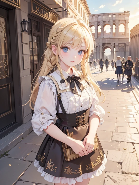 masterpiece, highest quality, Very detailed, 16k, Ultra-high resolution, Gothic art, Ancient Rome, 300 BC, Cowboy Shot, (One 12-year-old girl, Detailed face, Perfect Fingers, Golden Eyes, Blonde, Braid, Tunica, DEGAS, Woven shoes), temple, Colosseum, In town, Cobblestones