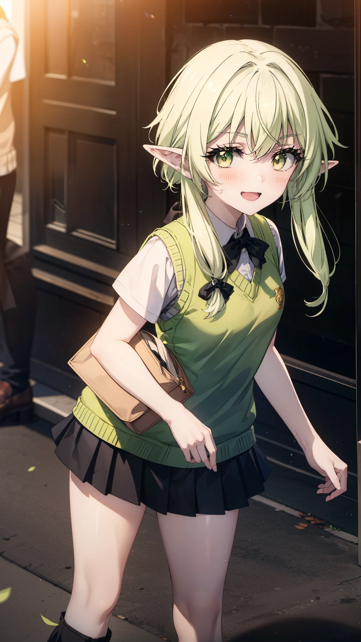 High Goblin Archer, high goblin archer, Long Hair, (Green Eyes:1.5), bow, hair bow, black bow, Side Lock, Green Hair, Pointy Ears, happy smile, smile, Open your mouth,white yシャツ,White tights, Short sleeve, Pleated skirt,  Collared shirt, mini skirt, (Black Skirt:1.5), Sweater vest, (green Sweater vest:1.5),Brown Loafers,sunset,evening,The sun goes down,whole bodyがイラストに入るように,Walking,Looking down from above,
break outdoors, city,Building Street,
break looking at viewer, whole body,
break (masterpiece:1.2), highest quality, High resolution, unity 8k wallpaper, (shape:0.8), (Fine and beautiful eyes:1.6), Highly detailed face, Perfect lighting, Highly detailed CG, (Perfect hands, Perfect Anatomy),