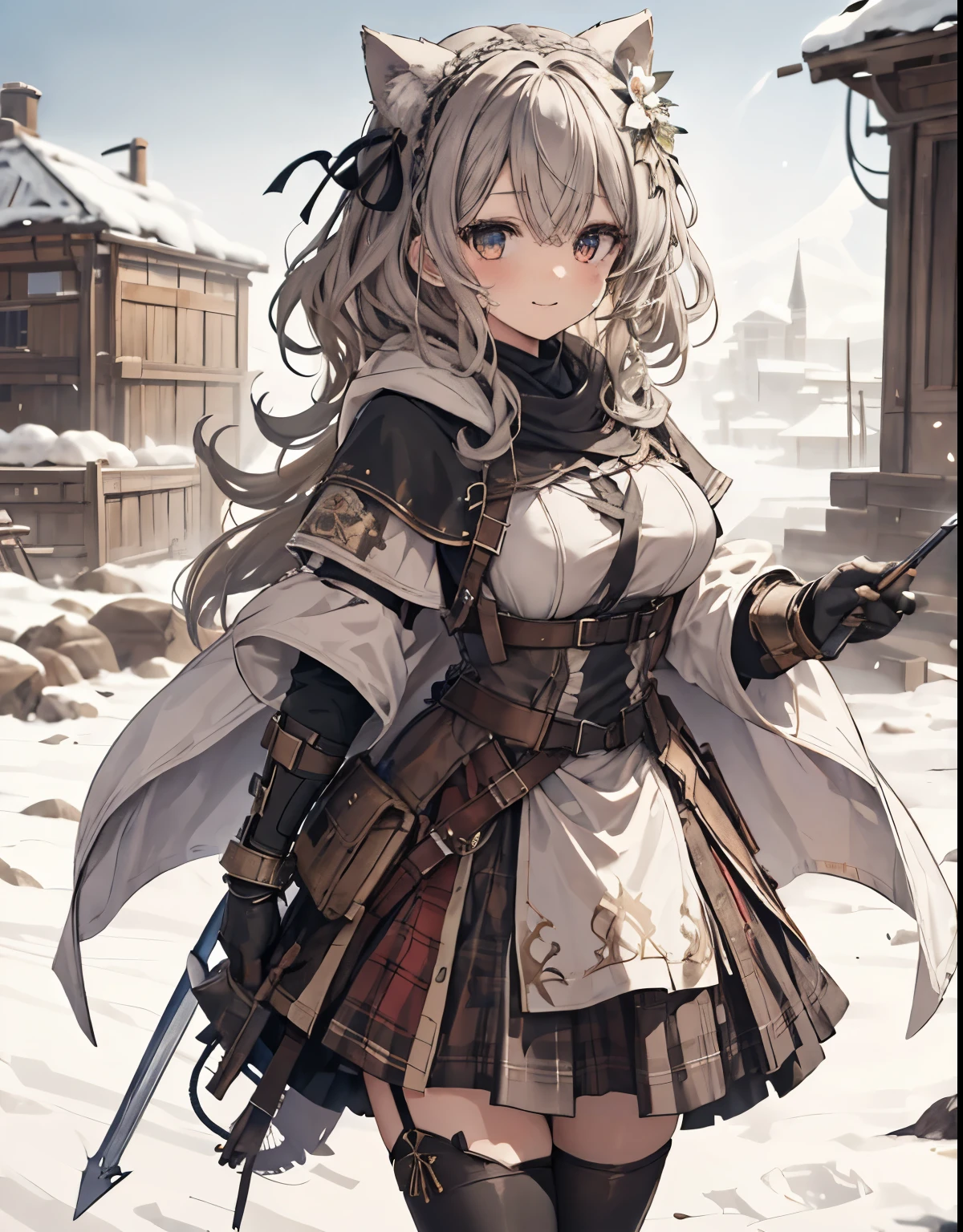 masterpiece,1girl, sparrow, a silver haired girl, wearing a medieval european villager clothes, curly medium hair, messy hair, black skirt, short white capelet with furry hoody, slim body, big breasts, she close her left eye, shirt ornament, lolippai, hair ribbon, lovely smile, beautiful breasts, rounded breasts, crimson eyes, flared skirt, plaid skirt, she stands in the snow field, nagisa_bluearchive, cat ears, knight armor