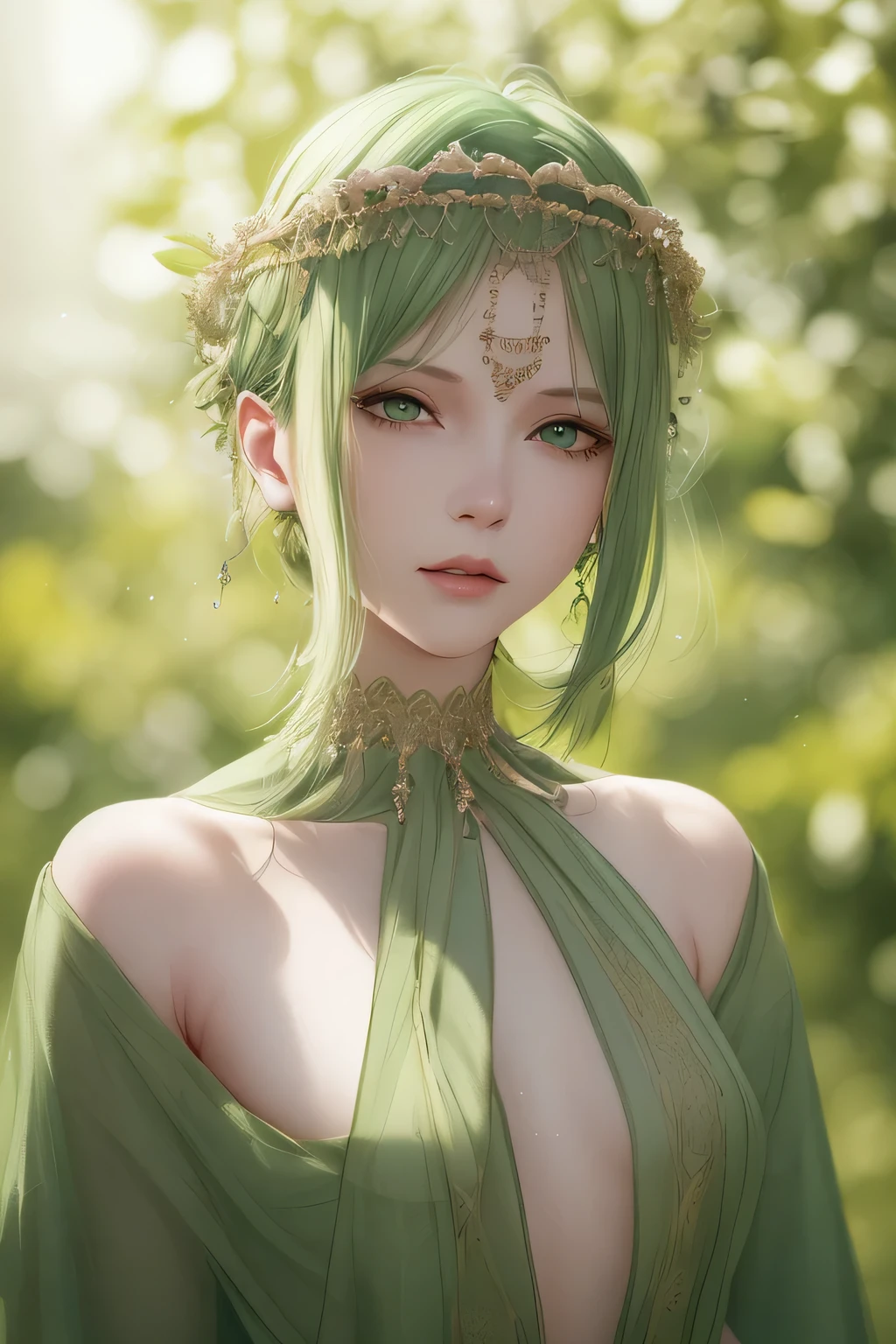 (Best quality, 4 k, High quality, Masterpiece :1.2), super detailed, realistic, green eyes, long eyelashes, smooth pale skin, short yellowish hair, subtle headwear, young, 18 years old, Ancient Greek costume, portrait, green color palette, soft lighting. Upper body, Asian face
