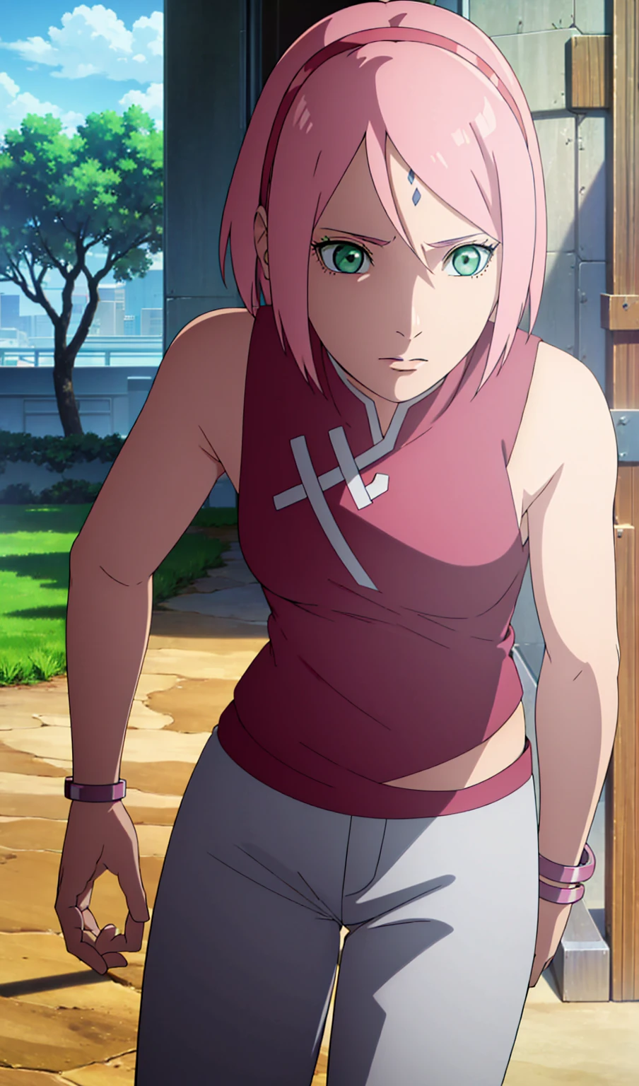 sakuraharuno, sakura uchiha, haruno sakura, short hair, (Green Eyes:1.3), Pink Hair, Facial blemishes, Forehead mark, hair band,
break jewelry, No sleeve, pants, bracelet, Sandals, Closed-toe footwear, white pants, dress, red dress,Big 、
break outdoors, city, sun, null, cloud,
break looking at viewer, (Cowboy Shot:1.5),
break (masterpiece:1.2), highest quality, High resolution, unity 8k wallpaper, (figure:0.8), (Beautiful fine details:1.6), Highly detailed face, Perfect lighting, Highly detailed CG, (Perfect hands, Perfect Anatomy),