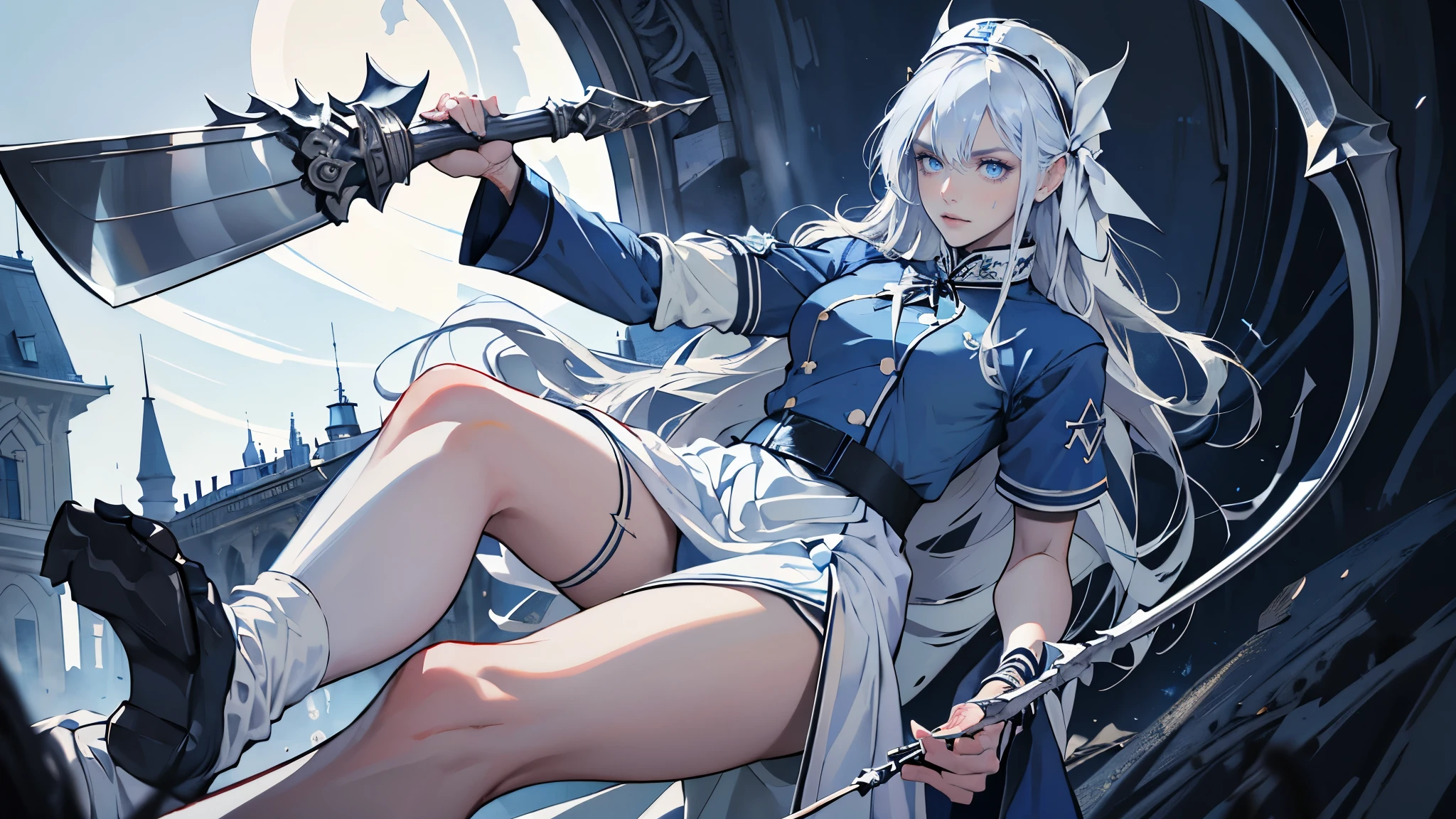 masterpiece, ultra detailed, 8k portrait, RAW photo, portrait photography, highly detailed face, beautiful and meticulous eyes, long hair, blue eyes, white hair ribbon, (dark blue nurse uniform:1.5), white tights, half boots, spread legs, standing, (holding a giant sickle:1.5), by the old castle, in mid night, from below, 