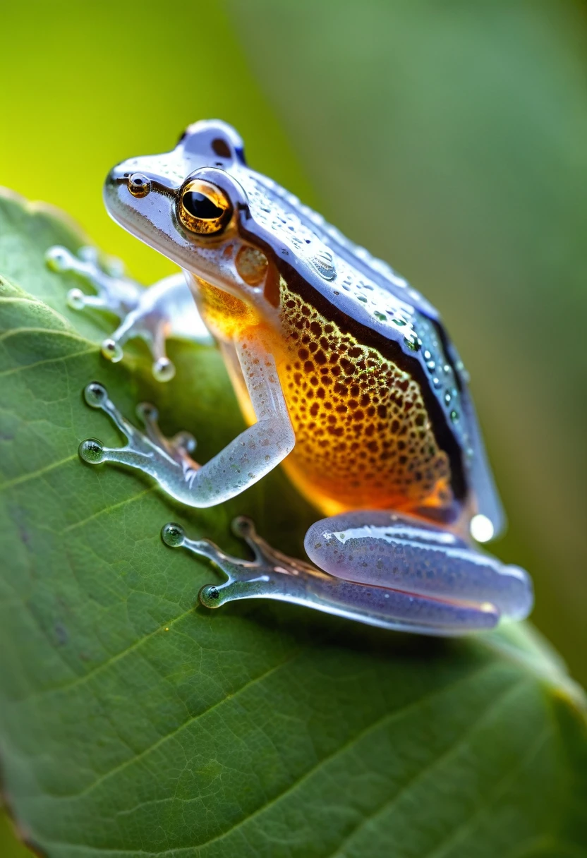 macro photography, animal channel tv series photography of transparent frog, which the organ visible, shot from behind, on leaf tree, high-resolution,ultra-detailed, close-up, smooth skin textures, silent forest