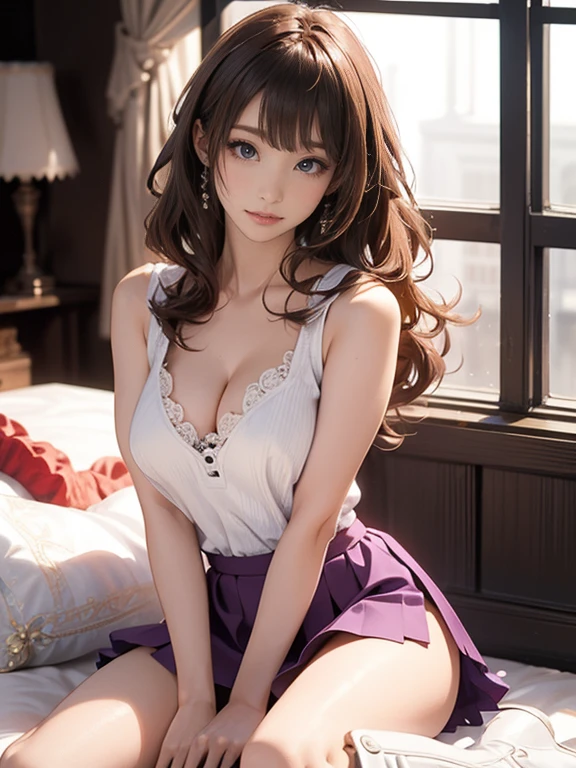 (Increase contrast)、(Increase saturation)、(27 year old super beautiful girl、Embarrassed face)、(Fair skin)Beautiful woman with perfect figure、Embarrassed face、long hair、Realistic eyes、Natural Makeup、(White tank top、Cleavage、Round and firm breasts)((Very short mini skirt、Knee-high boots)) Brown Hair、((On the bed、sleep、Raise your arms))((Bold、Obscene、Medium full shot from below and behind、between legs、sexy))