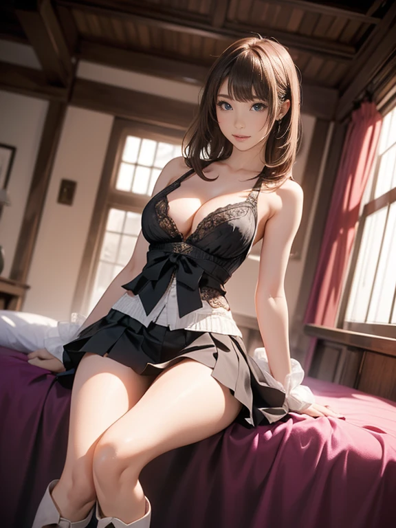 (Increase contrast)、(Increase saturation)、(27 year old super beautiful girl、Embarrassed face)、(Fair skin)Beautiful woman with perfect figure、Embarrassed face、long hair、Realistic eyes、Natural Makeup、(White tank top、Cleavage、Round and firm breasts)((Very short mini skirt、Knee-high boots)) Brown Hair、((On the bed、sleep、Raise your arms))((Bold、Obscene、Medium full shot from below and behind、between legs、sexy))