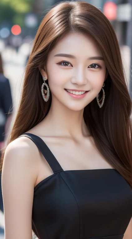 ((Best quality, 8k, Masterpiece :1.3)), 1girl, smiling, full body, slim face, Pretty woman, (Dark brown hair), full length dress :1.1, Ultra-detailed face, Detailed eyes, Double eyelid, blur background, slim face, city, outside, street,
