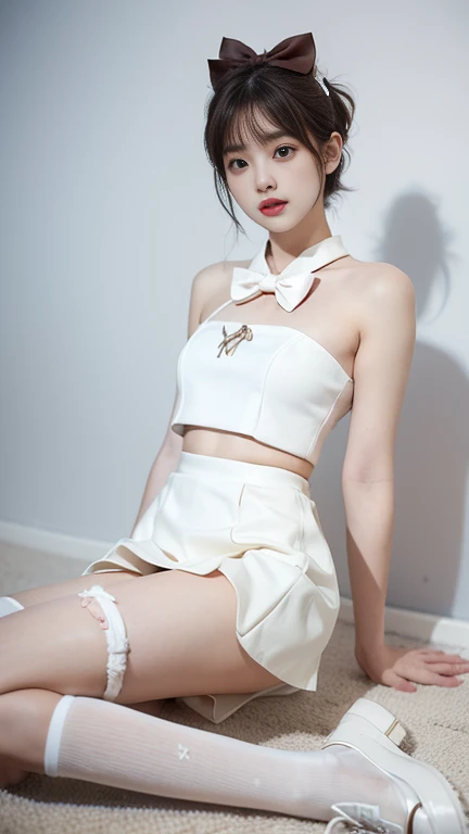 The body is completely normal.,girl, short skirt,white platform boots,Platform Apartment,((white stockings)),((Masterpiece, best quality, High resolution)), Very detailed 8K, beautiful girl with , (Hyper HD, Very fine, เนื้อหามีรายVery fine, Very realistic, Surreal, Live photos), (1 woman,bow:1.5), (realistic brown), short hair details,bow,Hair pins, (Dynamic camera poses,, Beautiful and delicate face,slightly open, beautiful eyes),, glow,