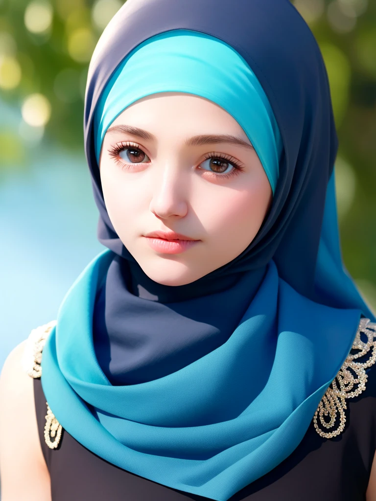 best quality, masterpiece, highres, moslem female dress, necklace, Beautiful face, (upon body from head to waist:1.37), tyndall effect, photorealistic, dark studio, rim lighting, two tone lighting, 8k uhd, dslr, soft lighting, high quality, volumetric lighting, candid, Photograph, high resolution, 4k, 8k, Bokeh, (hyperrealistic girl), (illustration), (high resolution), (extremely detailed), (best illustration), (beautiful detailed eyes), (best quality), (ultra-detailed), (masterpiece), (wallpaper), (photorealistic), (natural light), (rim lighting), (detailed face), (high detailed realistic skin texture), (anatomically correct), (solo), (1 woman), (heterochromic eyes), (detailed eyes), (sparkling eyes), (long legs), (big breasts), (dynamic pose), (concentrated expression), (wearing hijab:1.4), moslem headscarf.