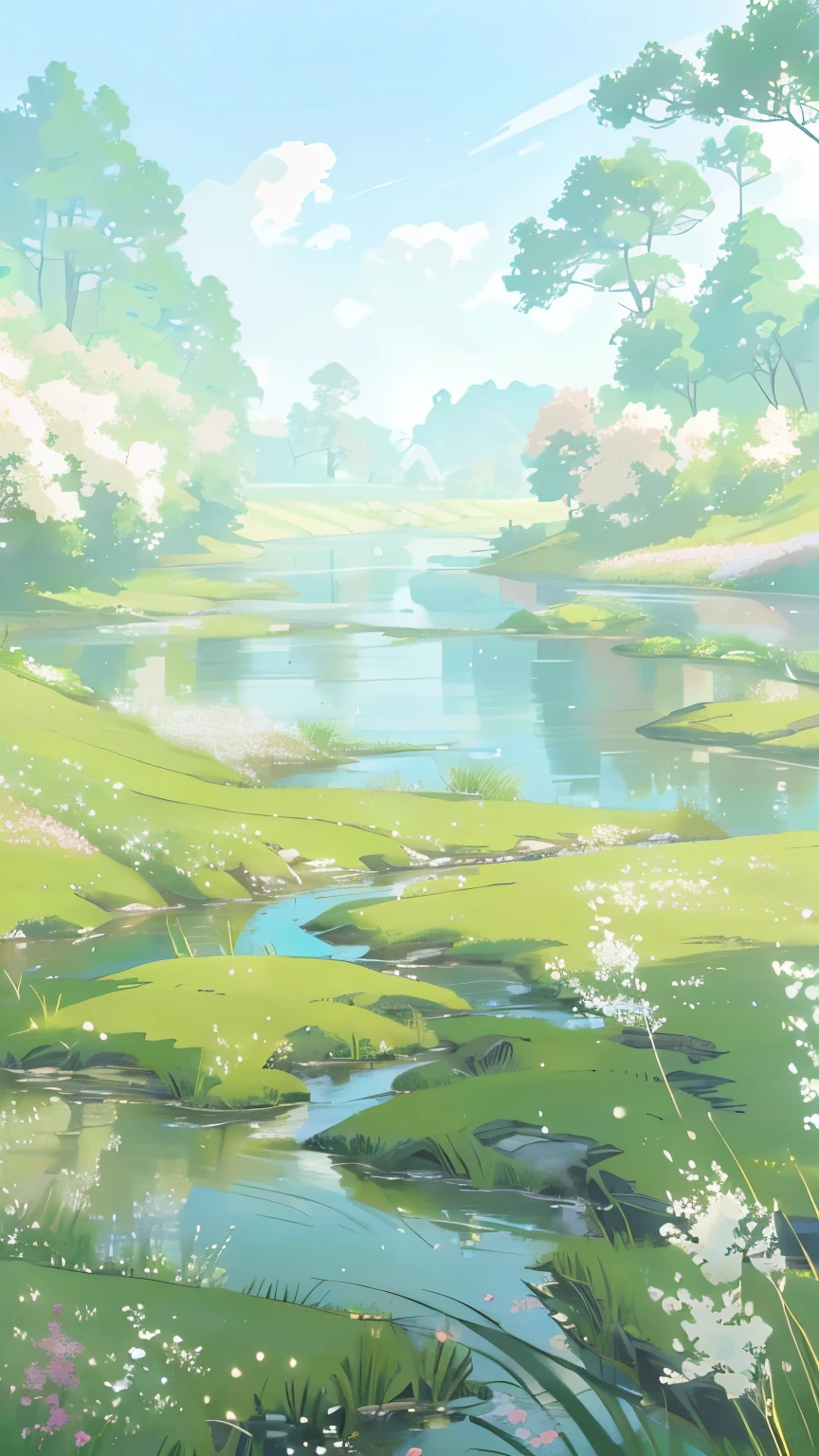 Painting of a river with grass and flowers in the field, Anime Background art, Anime Nature Wallpaper, Anime rural scenery, Anime beautiful peaceful scene, Xin Haicheng. High Detail, style of Xin Haicheng, Detailed scenery —width 672, Xin Haicheng. — 2160 hours, studio glibly Xin Haicheng, Anime Background