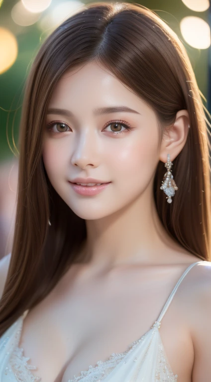 (High resolution, 4k, 8k, super detailed: 1.2), (hyperrealistic, photorealistic: 1.37), (illustrated), (detailed lighting), (very delicate and beautiful), ****ung girl, brown hair , Model, Bare Shoulders and Chest, (Best Quality), 8K Super Detailed CG Wallpaper, Vibrant Colors, Professional Grade, ((Bokeh Effect))), Depth of Field. beach. smile,