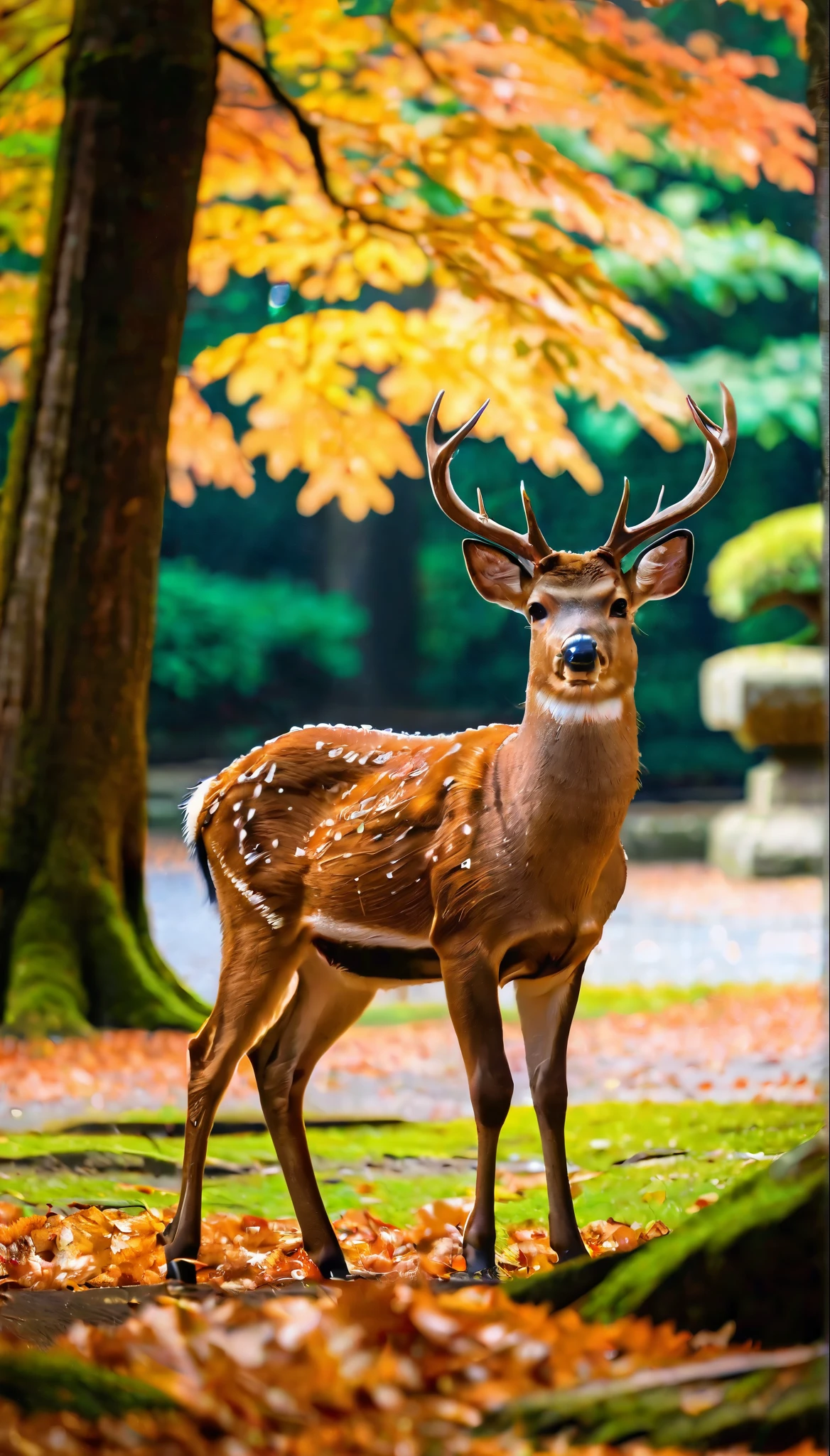 (best quality,realistic,animal photography),small Sika deer at Kasuga Taisha temple in Nara(wildlife,deer,park),raw photo(reflection,autumn,lighting,bokeh),natural colors(brown,green),vibrant foliage,trees in the background,lush grass,serene atmosphere,sunlight filtering through the leaves,majestic antlers,noble expression,peaceful pose,unobstructed view,sharp focus(moment frozen in time),dewdrops on the grass,autumn leaves scattered on the ground,quiet elegance,majestic beauty.
