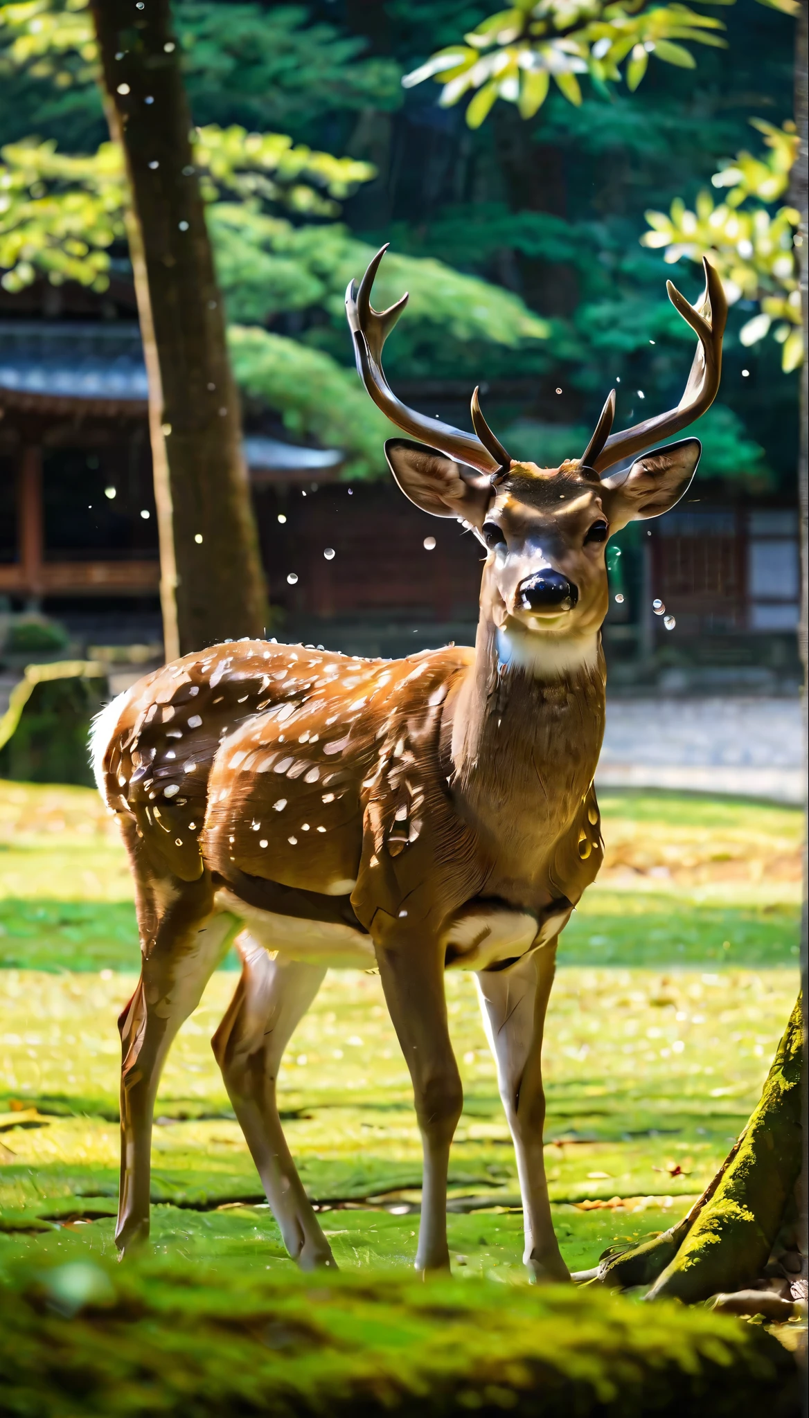 (best quality,realistic,animal photography), fallow deer at Kasuga Taisha temple in Nara(wildlife,deer,park),raw photo(reflection,lighting,bokeh),natural colors(brown,green),vibrant foliage,trees in the background,lush grass,serene atmosphere,sunlight filtering through the leaves,majestic antlers,noble expression,peaceful pose,unobstructed view,sharp focus(moment frozen in time),dewdrops on the grass,quiet elegance,majestic beauty, Kasuga Taisha temple in far background