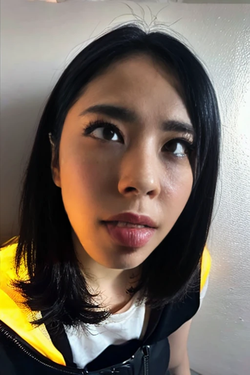 (ultra realistic),Photo, high quality, Analog Photography Ahegao , (low lighting), (neon atmosphere) light background ,portrait of a girl, Ahegao,chölka, view from above, detailed eyes,Black Hair