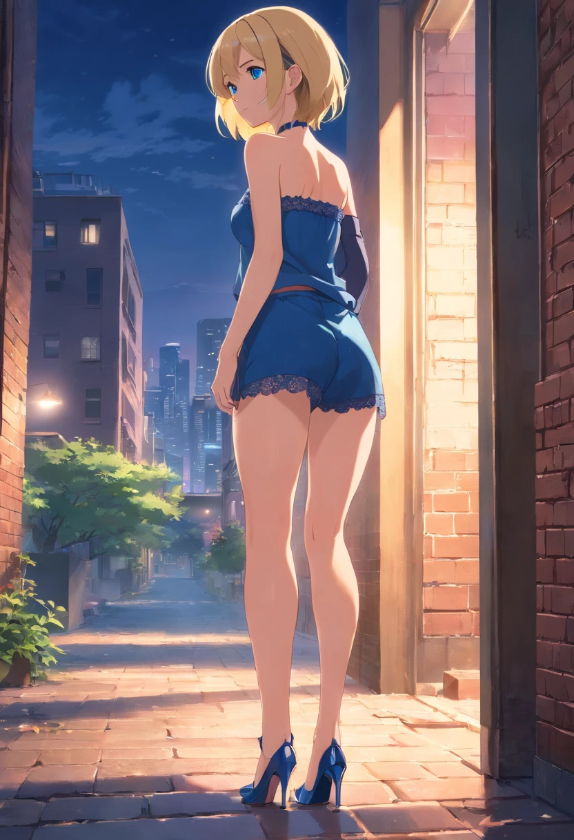  Women, ((Blonde)), ((Blue eyes)), ((Short hair)), ((Full Body)), She wears a strapless bra and lace underwear, she is standing looking melancholy at the camera leaning against a brick wall in an apartment with a window that shows the city at night, she is wearing ((high heels)), the floor is made of glass and it reflects her figure