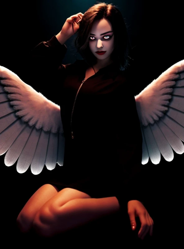 One girl, (scared), Angel, gorgeous, Hello, dark, Glowing Eyes, Red eyes, Angel wings, holy, Sensual, have confidence, Wicked Smile, Expressive eyes, Coloful Eyes, dark background, Contrast, Shadow, masterpiece, Digital Art, Glowing Eyes, Intimidating,