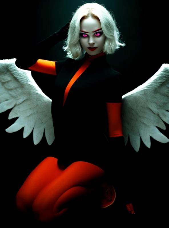 One girl, (scared), Angel, gorgeous, Hello, dark, Glowing Eyes, Red eyes, Angel wings, holy, Sensual, have confidence, Wicked Smile, Expressive eyes, Coloful Eyes, dark background, Contrast, Shadow, masterpiece, Digital Art, Glowing Eyes, Intimidating,