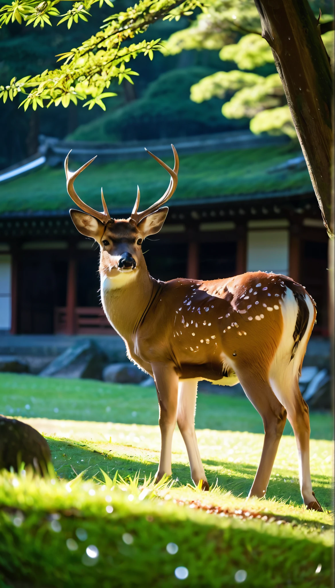 (best quality,realistic,animal photography), fallow deer at Kasuga Taisha temple in Nara(wildlife,deer,park),raw photo(reflection,lighting,bokeh),natural colors(brown,green),vibrant foliage,trees in the background,lush grass,serene atmosphere,sunlight filtering through the leaves,majestic antlers,noble expression,peaceful pose,unobstructed view,sharp focus(moment frozen in time),dewdrops on the grass,quiet elegance,majestic beauty, Kasuga Taisha temple in far background