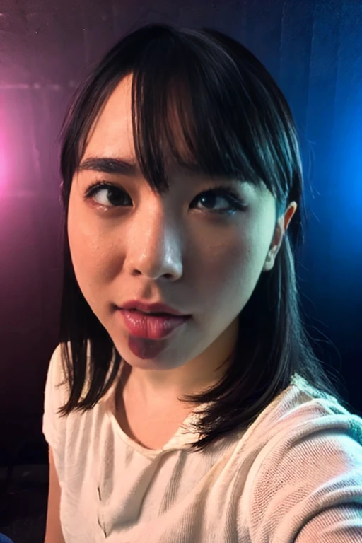 (ultra realistic),Photo, high quality, Analog Photography Ahegao , (low lighting), (neon atmosphere) light background ,portrait of a girl, Ahegao,chölka, view from above, detailed eyes,brown Hair