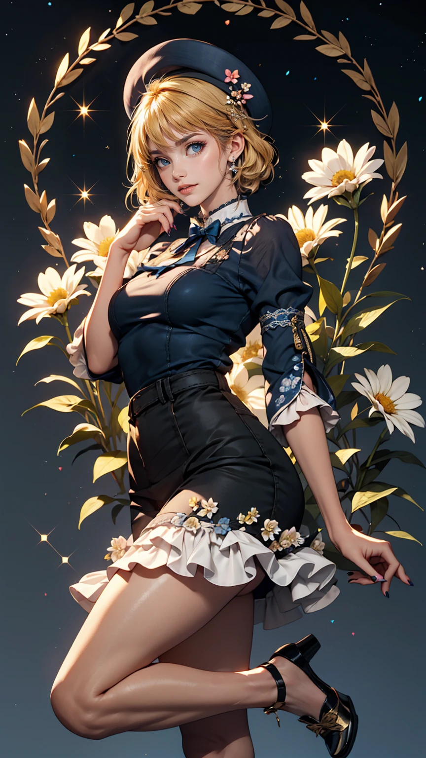 uekura, One girl, Blonde Hair, Starry background、Have, dress, Blue footwear, wing, Simple Background, sign, flower, Manicure, Wide sleeves, Long sleeve, blush, animal, white flower, alone, whole body, bird, View Viewer, High heels, Put your hand on your cheek, put your hand on your face, Frills, bow, bangs, ribbon, Bell, Blue hat, +_+, shoes下, short hair, Grey Eyes, shoes, Blue Claws, feathered wing, blue bow