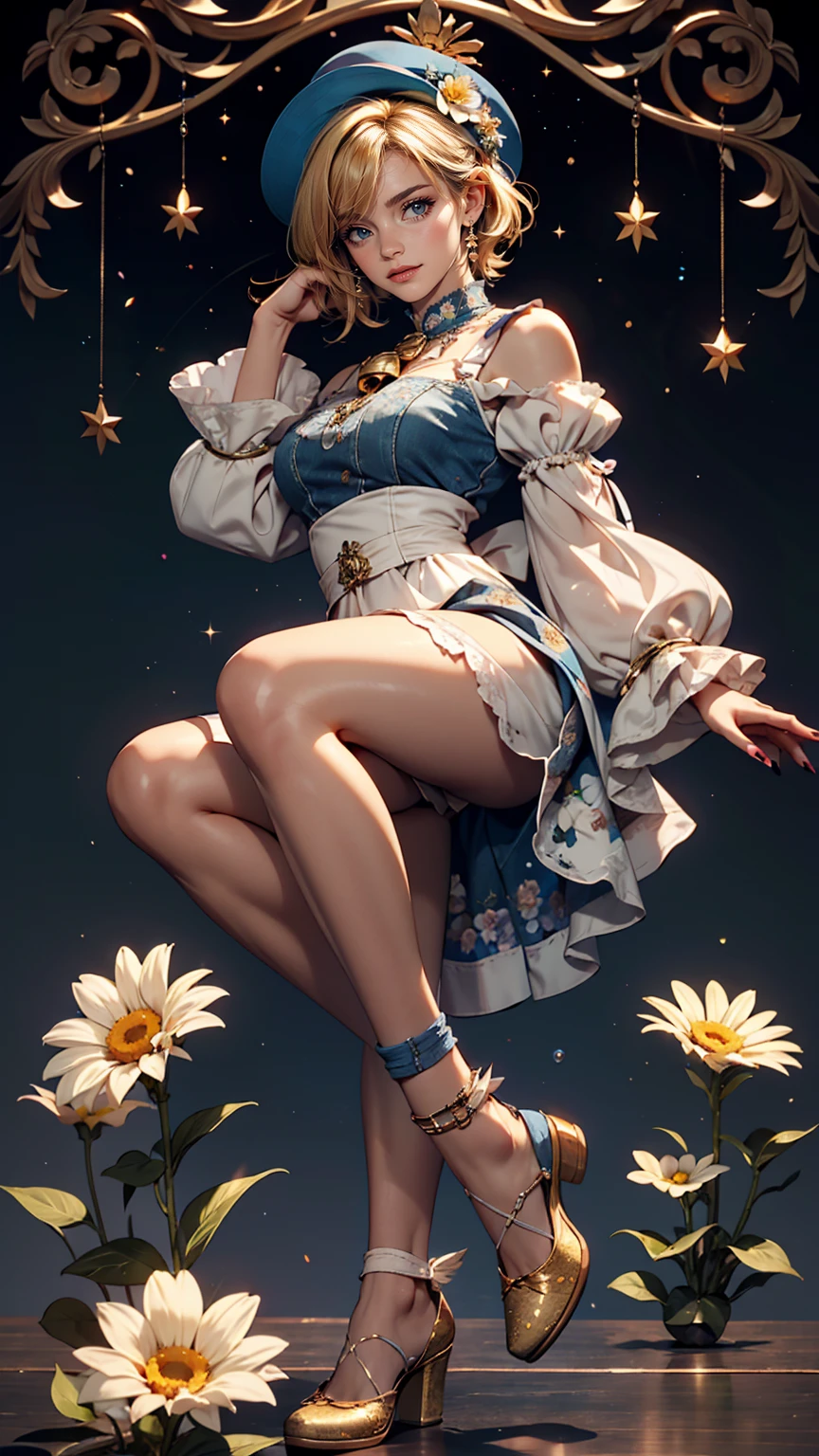 uekura, One girl, Blonde Hair, Starry background、Have, dress, Blue footwear, wing, Simple Background, sign, flower, Manicure, Wide sleeves, Long sleeve, blush, animal, white flower, alone, whole body, bird, View Viewer, High heels, Put your hand on your cheek, put your hand on your face, Frills, bow, bangs, ribbon, Bell, Blue hat, +_+, shoes下, short hair, Grey Eyes, shoes, Blue Claws, feathered wing, blue bow