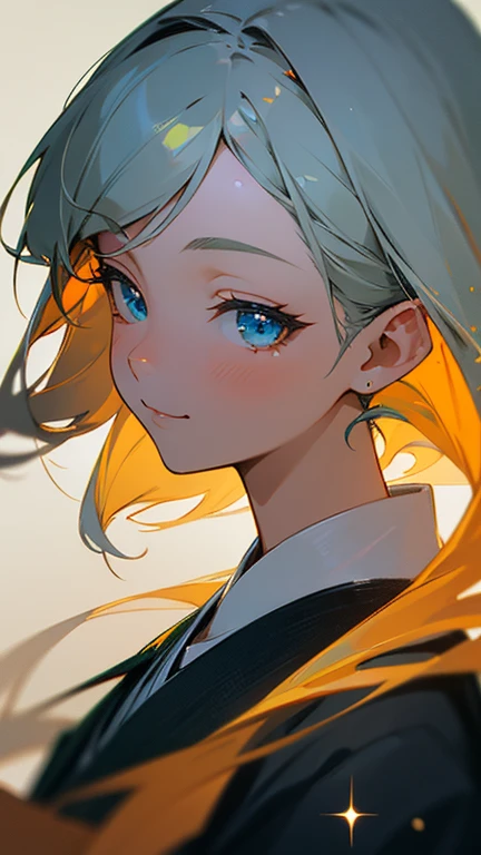 16-year-old girl、Anime style painting、Upper body close-up、smile、From the side, impression, (Oil), Green and orange tones、Silver Hair, (Sparkling blue eyes)、Eat rice balls、Delicate contours、Background blur, The depth of the drawn boundaries