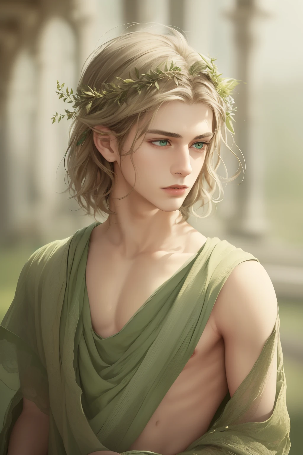 (best quality, 4 k, highres, masterpiece: 1.2), ultra - the detailed, realistic, green eyes, long eyelashes, smooth fair skin, short flaxen hair,subtle headpiece,young man,eighteen year old,ancient Greek attire,portrait,green color palette,soft lighting. The upper part of the body