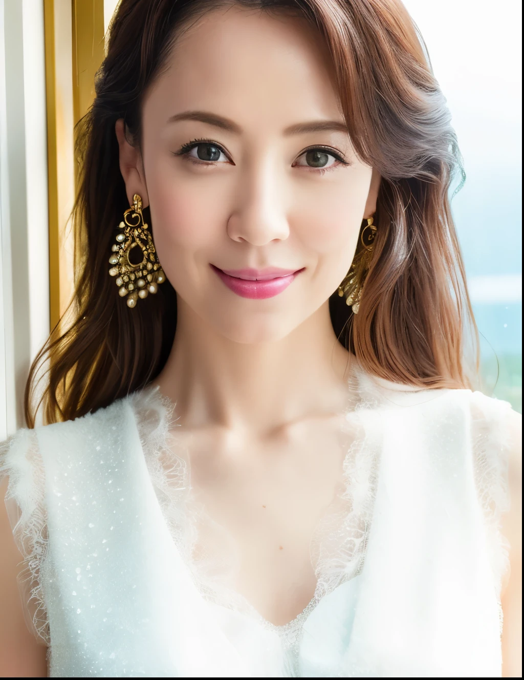 table top、(highest quality、4k、8k、High resolution、master piece: 1.2)、Super detailed、(real、photorealistic、photorealistic: 1.37),White dress、full body shot、Long hair,Complex and beautiful eyes、woman、Feminine hairstyle、natural color lip、bold and sexy pose、smile、hotel room、Cute and sexy shot looking at the camera。