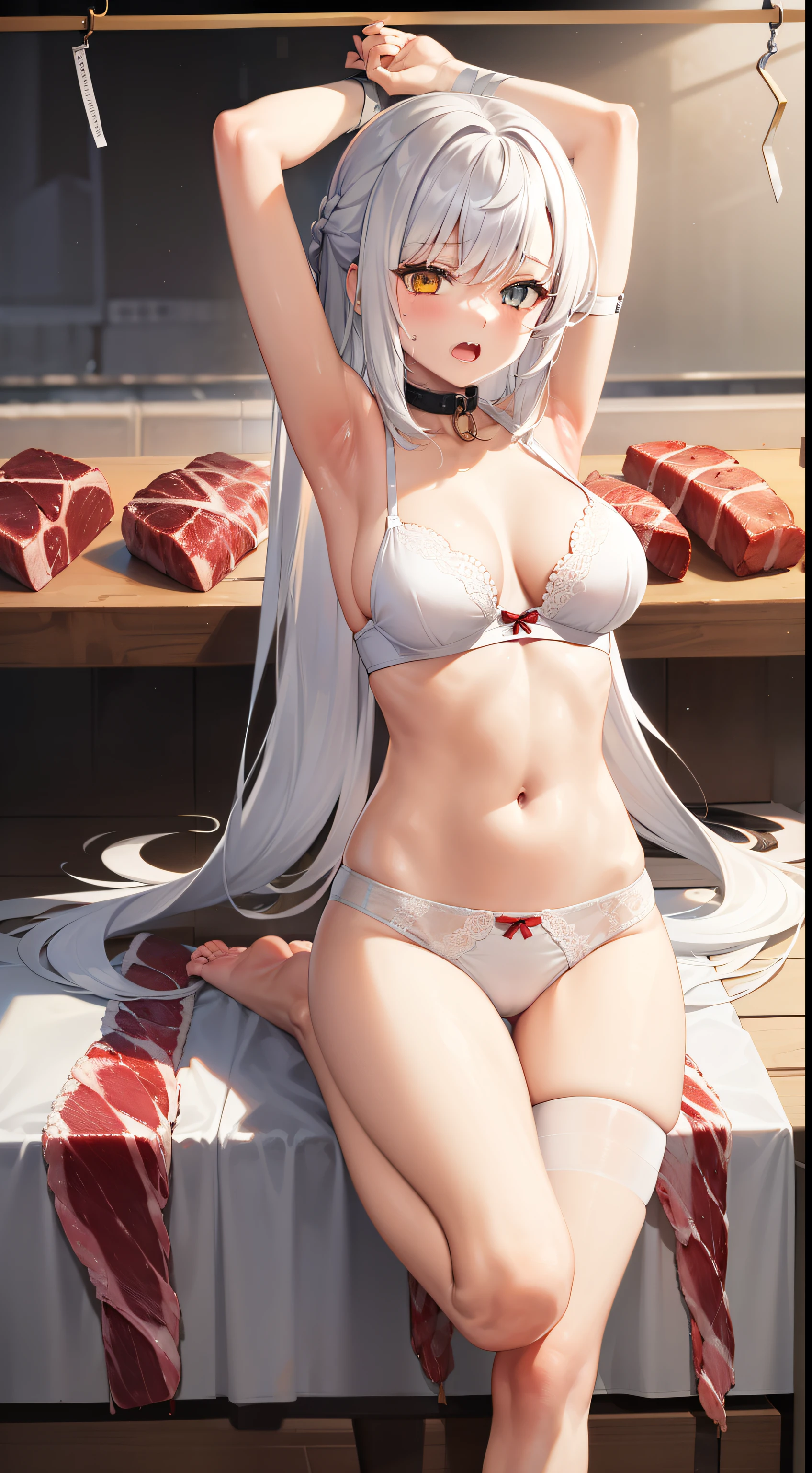 1 Girl,Kagura Mia ,white hair,Heterochromia,Half closed eyes,(Giddenmei 1.5),double braid hair，Barefoot，White underwear，White bra， (Butcher shop:1.4)，(turn arms behind you:1.4), , Tape gag, Tape, Tape , closure, restraint, Best Anatomy, Roll up, whole body, Taped thighs, Taped legs, put your feet together, Tape wrapped,hogtie , quilt，，Fear