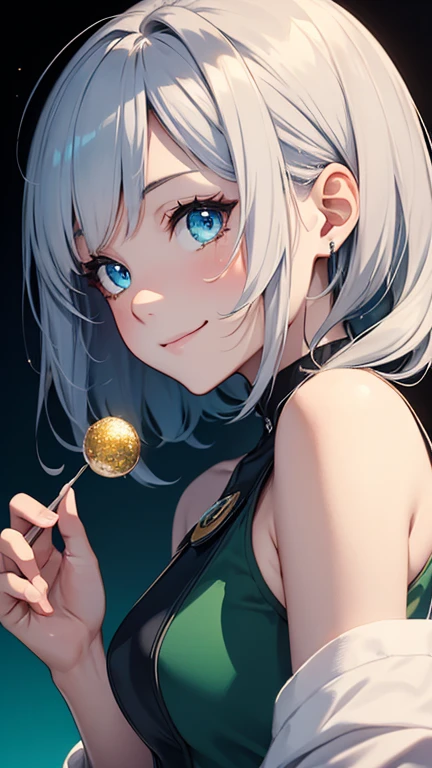 16-year-old girl、Anime style painting、Upper body close-up、smile、From the side, impression, (Oil), Green and orange tones、Silver Hair, (Sparkling blue eyes)、Eat rice balls、Delicate contours、Background blur, The depth of the drawn boundaries