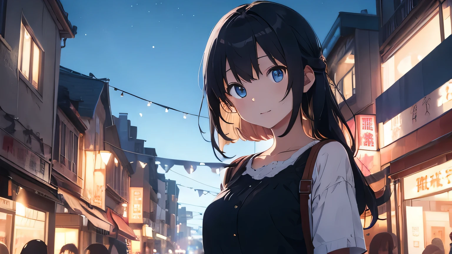 Streets of the city。street。stroll。anime。Cute older sister。night。Blue Moment。Beautiful color sky。anime style。Gentle lines。Upper Body。front。looking at the camera。Casual clothing。Show a wonderful view (highest quality, High resolution, Realistic), Vivid colors, Professional Lighting.