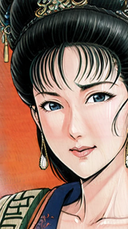 (best quality), (very aesthetic), (ultra-detailed), (best illustration),a mature female,Perfect Face,Suikoden,Mrs. Lin,(full_body),big breast,red cheek,Large drops of sweat are pouring from the whole body,skinny, chinese traditional lingerie,chinese traditional style bed,She closes her eyes and lifts her face to kiss me,Facing forward