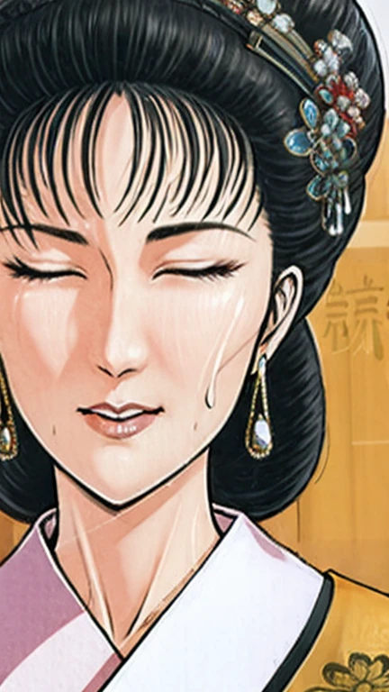 (best quality), (very aesthetic), (ultra-detailed), (best illustration),a mature female,Perfect Face,Suikoden,Mrs. Lin,(full_body),big breast,red cheek,Large drops of sweat are pouring from the whole body,skinny, chinese traditional lingerie,chinese traditional style bed,She closes her eyes and lifts her face to kiss me,Facing forward