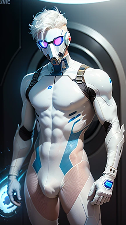 body suit, white and blue suit, futuristic suit, white gauntlets, white gloves, white hands skin tight bodysuit, toned male, teenager, young male, futuristic gas mask and vizor, bodysuit, futuristic, sci fi, toned male, hands seen, hair visible, white hair, solo male, full body seen