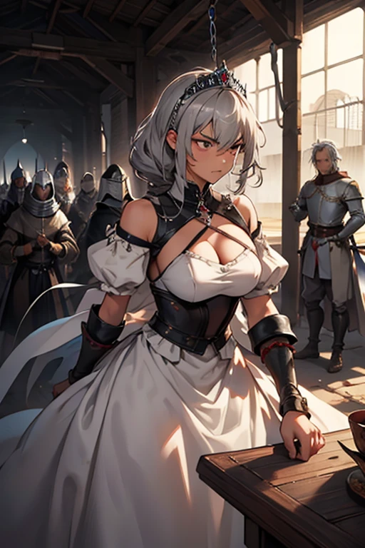 princess is in a prison, tied up, dirty, gray-haired, surrounded by angry knights