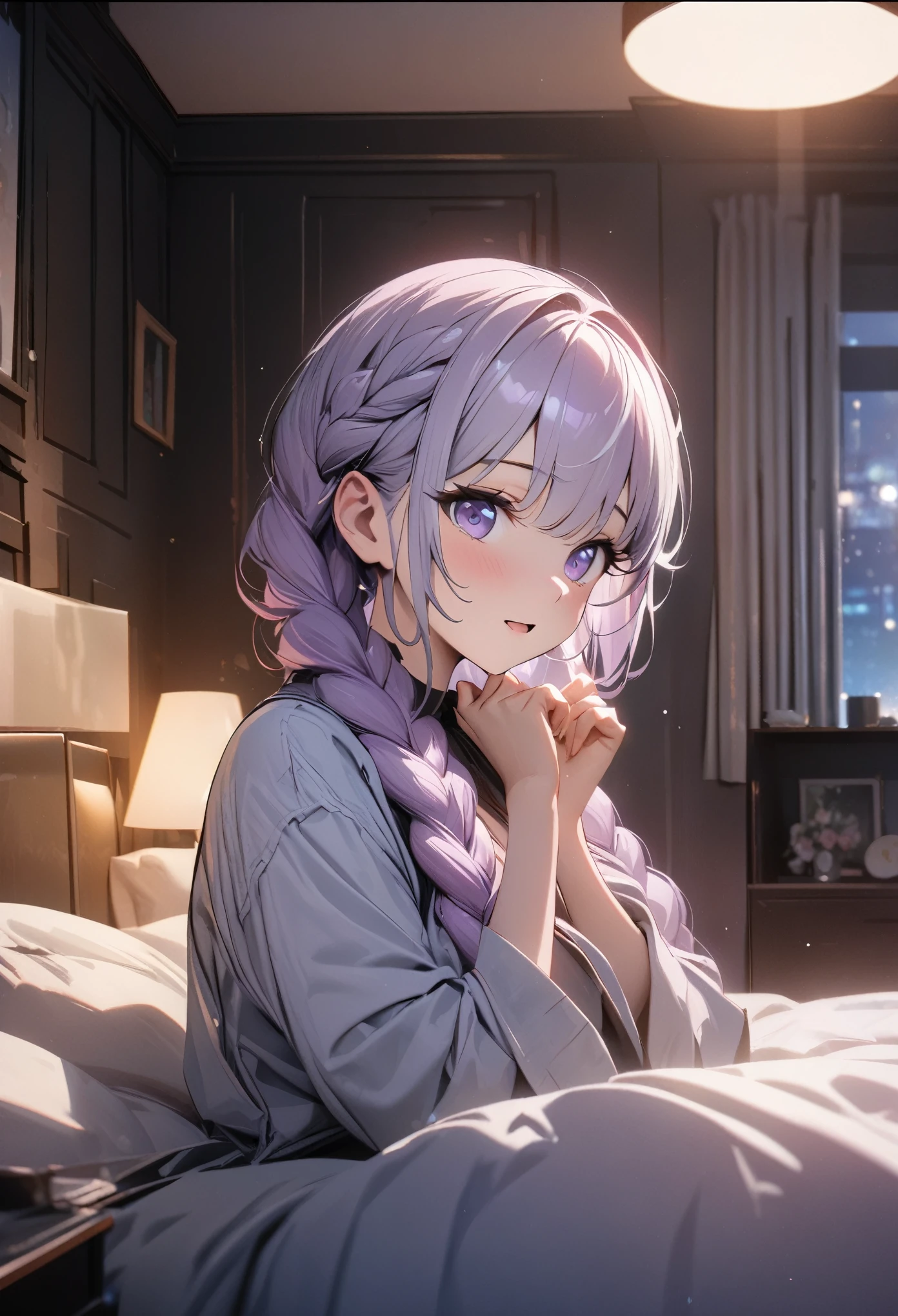 (best quality,4k,8K,High resolution,masterpiece:1.2),Extremely detailed,(Practical),,light, Bokeh,Purple double twist braid ,Indoor natural light,Bedroom Background