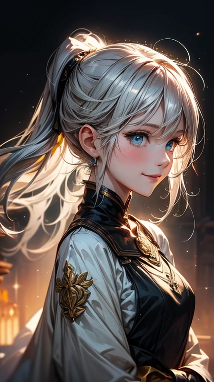 16-year-old girl、Anime style painting、Upper body close-up、smile、From the side, impression, (Oil), Green and orange tones、Silver Hair, (Sparkling blue eyes)、Eat rice balls、Delicate contours、Background blur, The depth of the drawn boundaries